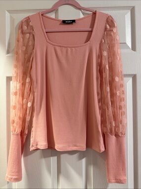 Mildam Pink Ribbed Top with Polka Dot Mesh Sleeves size M